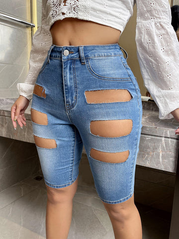 Cut Out Skinny Denim Shorts