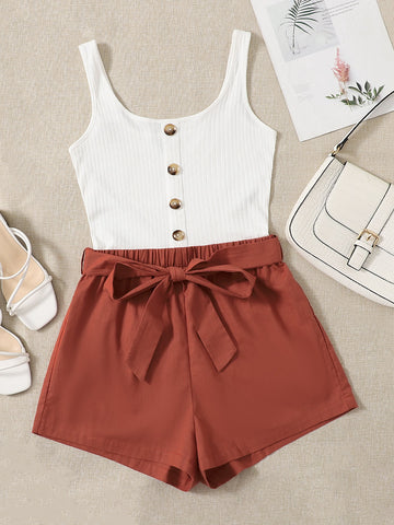 Button Front Colorblock Belted Combo Tank Romper