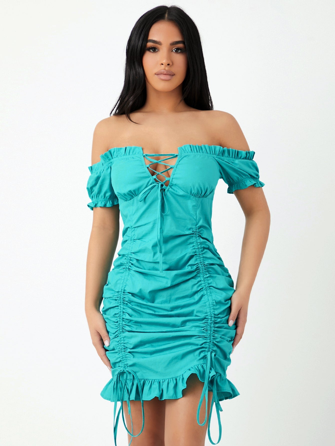 Solid Frill Trim Lace Up Ruched Dress