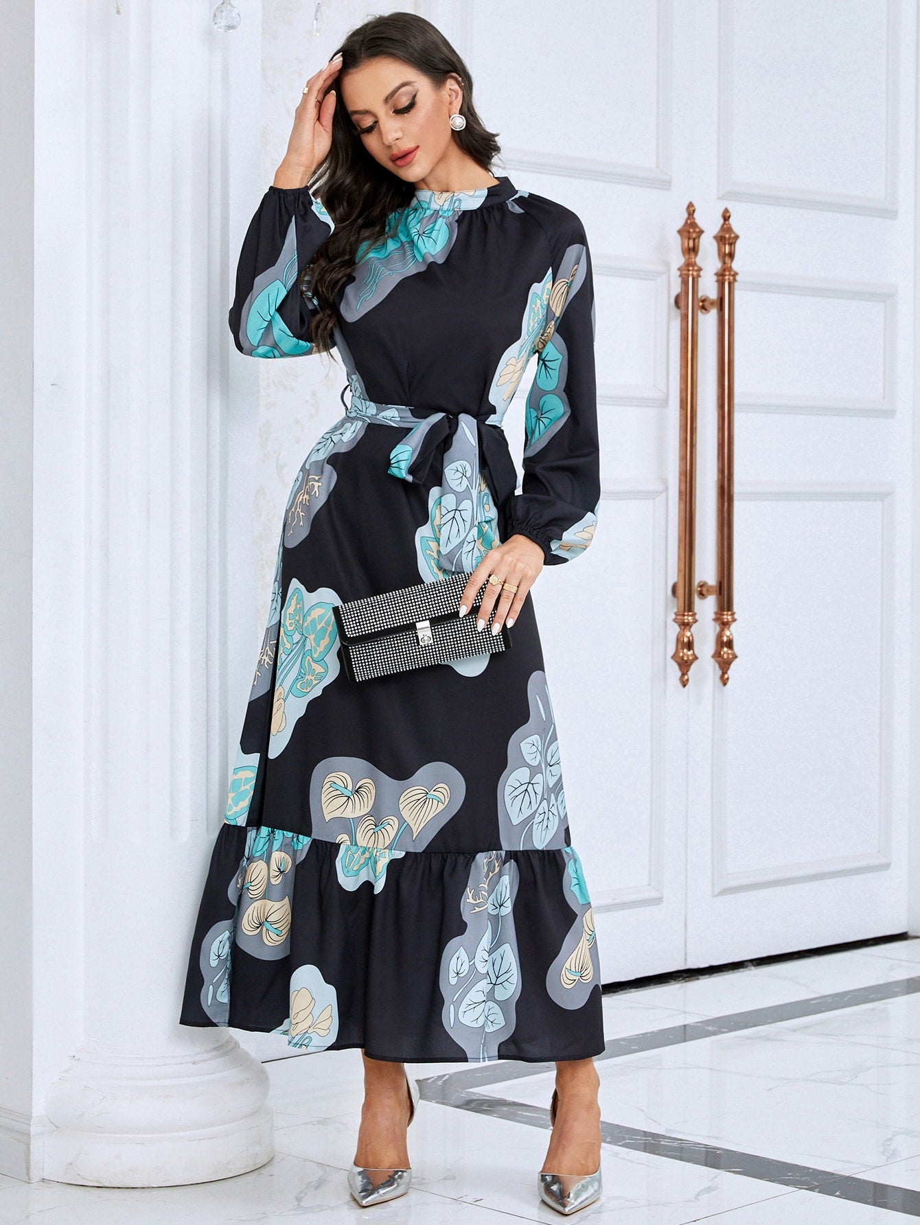 Tropical Print Lantern Sleeve Ruffle Hem Belted Dress