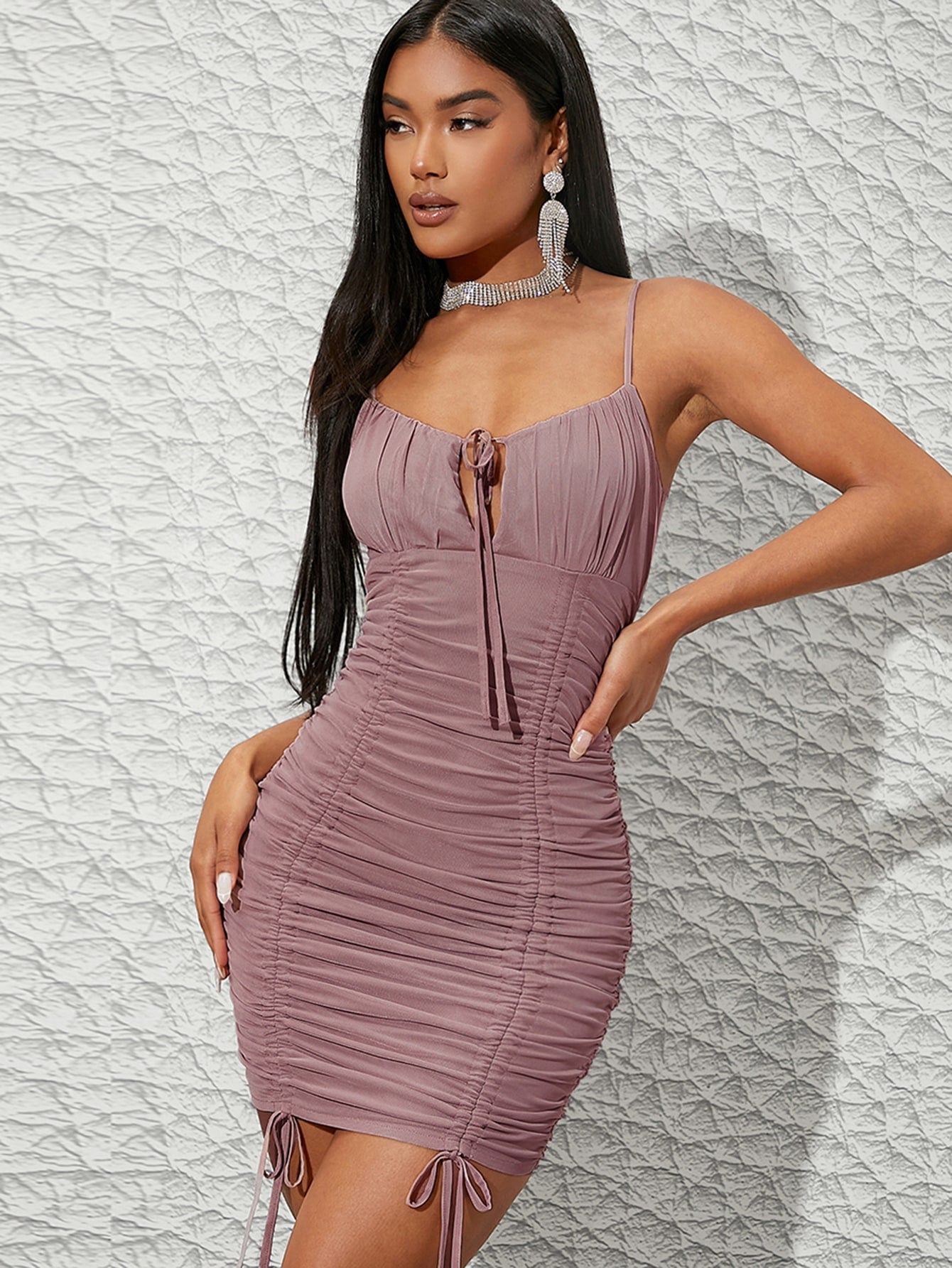 Drawstring Ruched Mesh Overlay Dress