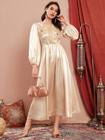 Floral Embroidered Belted Lantern Sleeve A-line Dress