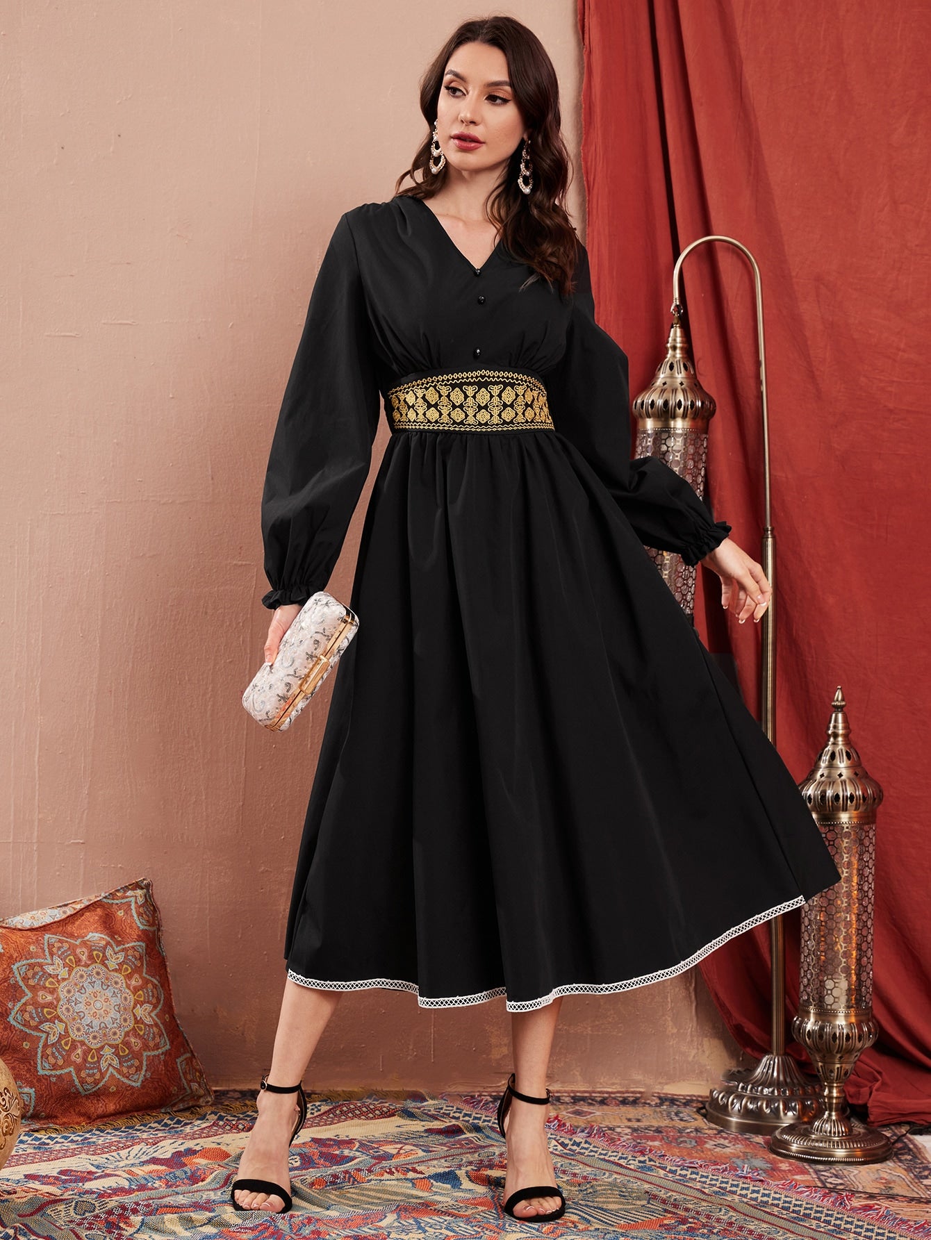 Embroidery Shirred Waist Lantern Sleeve Dress