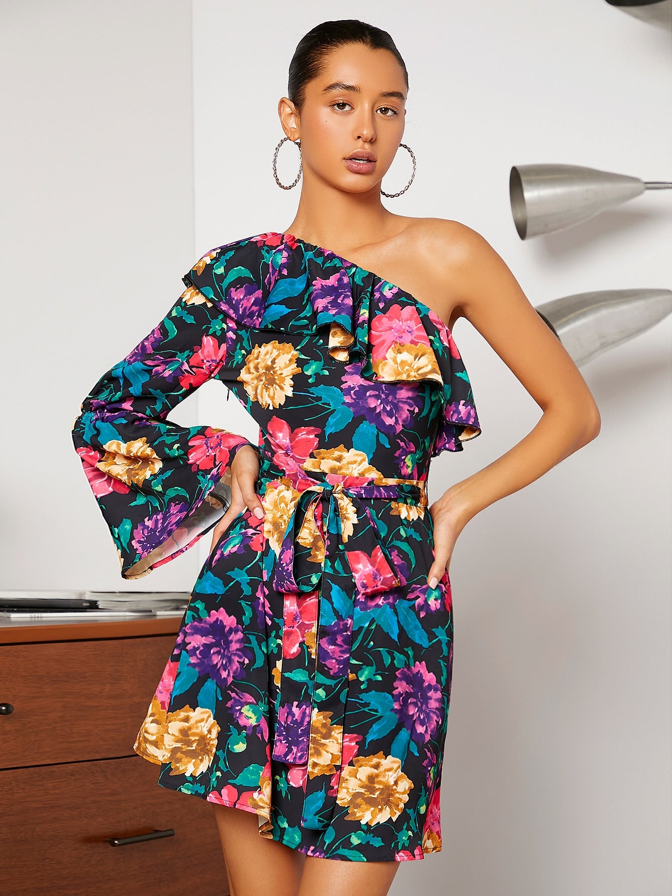 Floral Print One Shoulder Flounce Sleeve Ruffle Trim Belted Dress