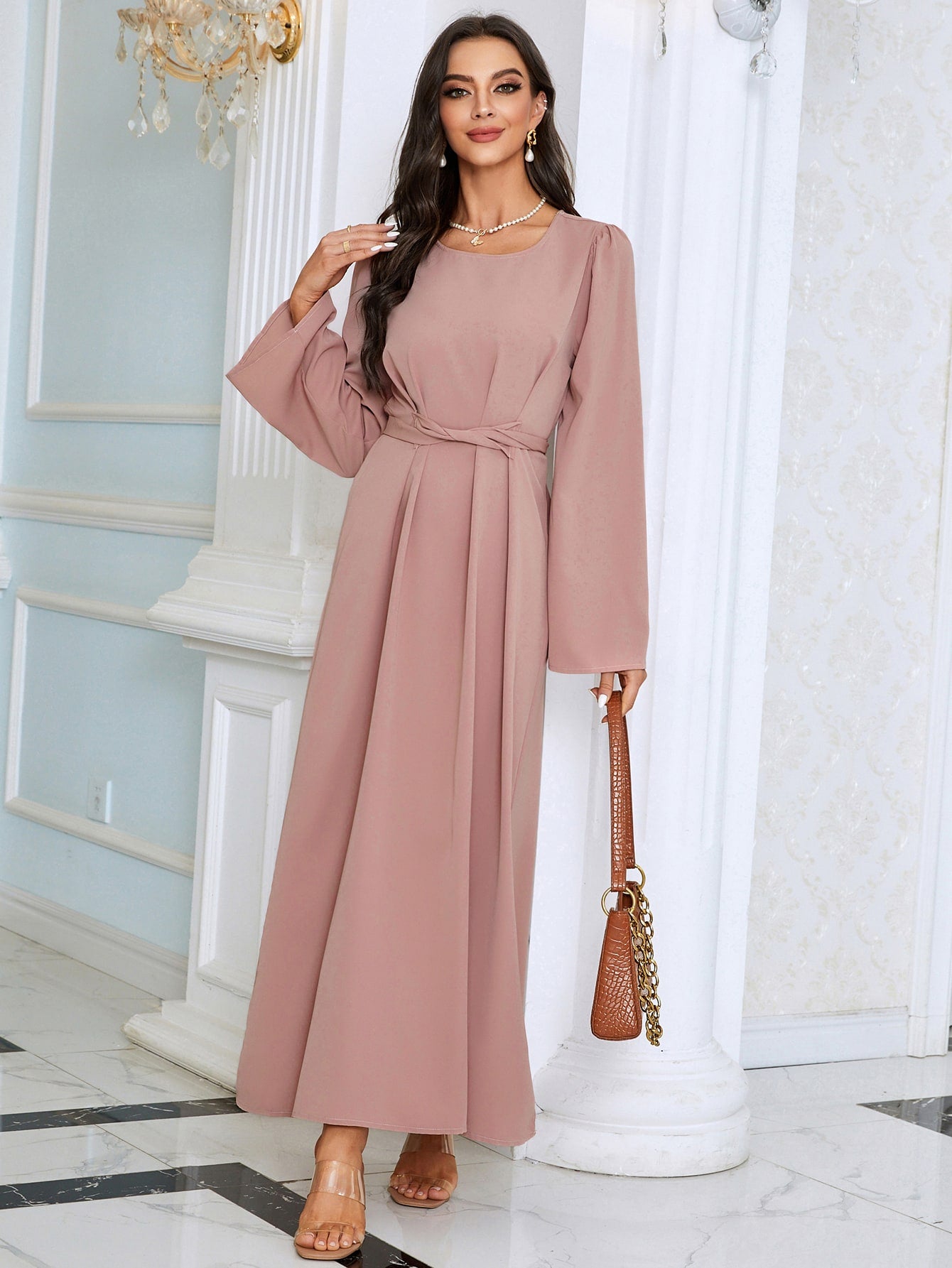 Solid Plicated Detail Belted Dress