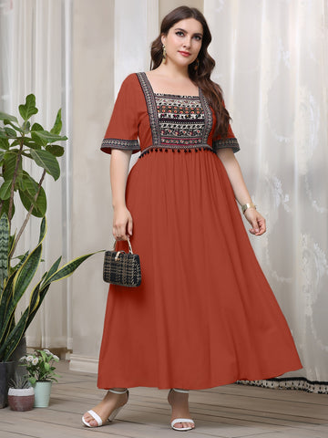 Plus Elephant And Floral Embroidery Square Neck Maxi A-line Dress