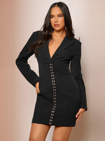 Hook And Eye Lapel Neck Dress