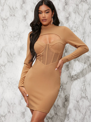 Mock Neck Cutout Front Mesh Insert Dress