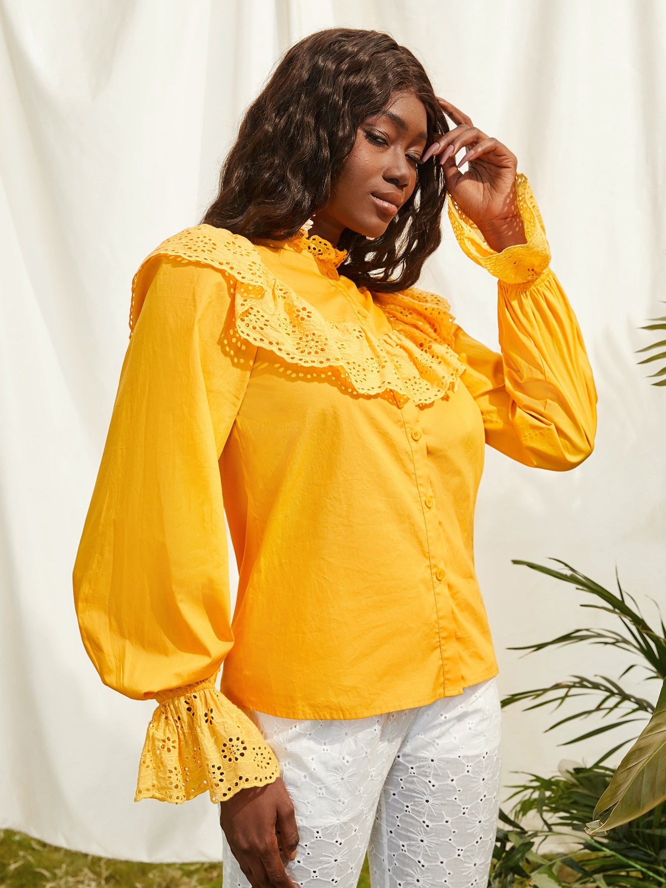 Ruffle Trim Button Front Flounce Sleeve Blouse