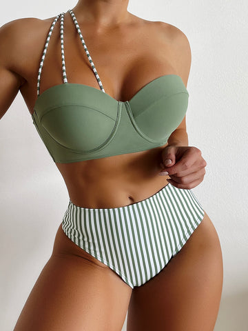 Summer Beach Striped One Shoulder Push Up Bikini