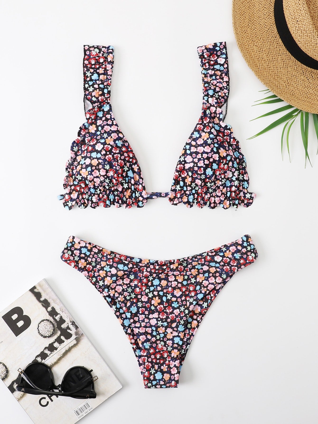 Summer Beach Ditsy Floral Frill Trim Bikini