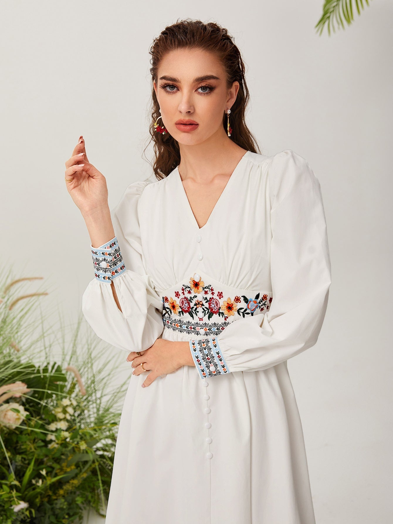 Floral Embroidery Bishop Sleeve Dress