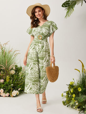 Tropical Print Cap Sleeve Belted Jumpsuit