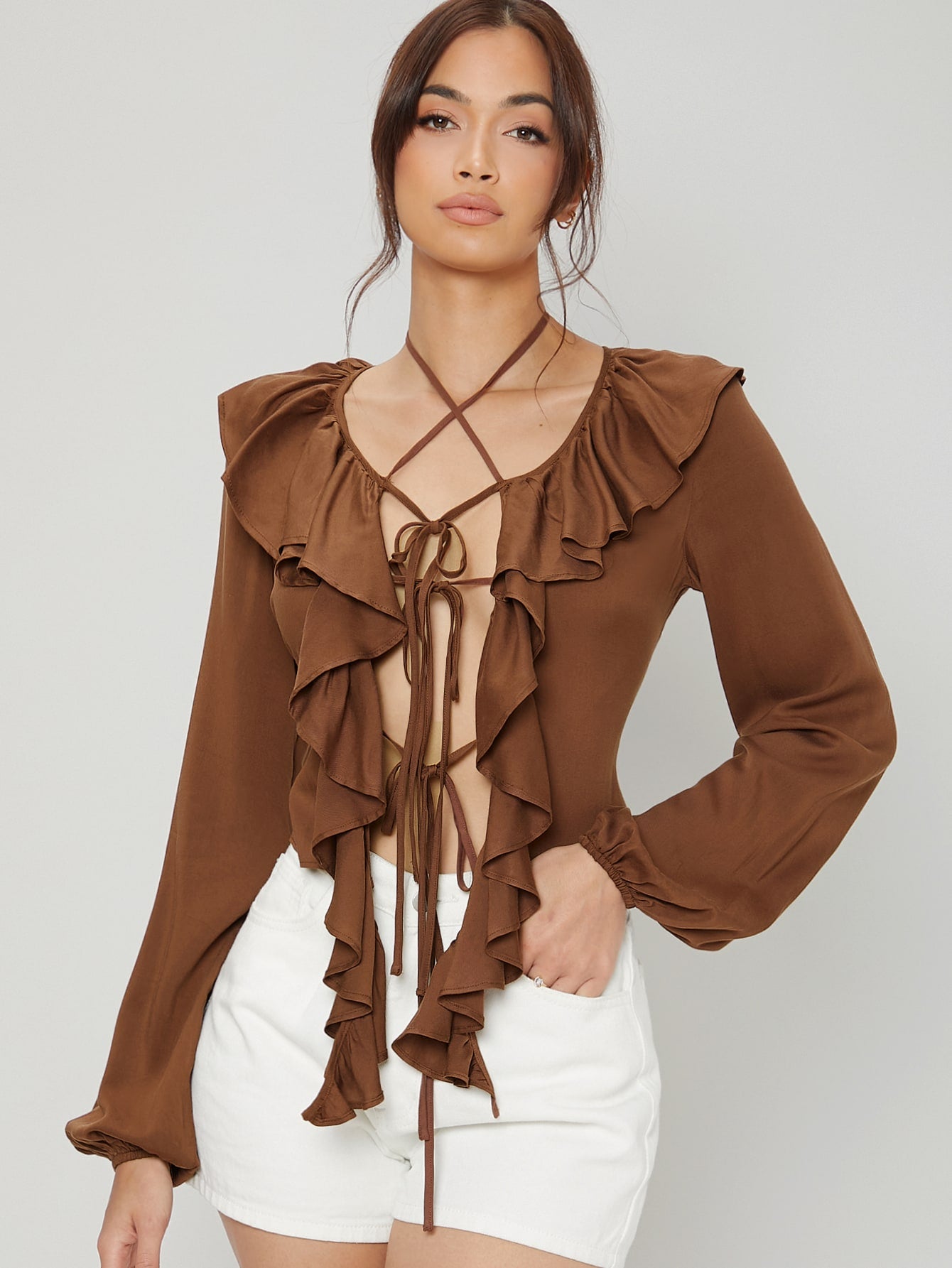 Ruffle Trim Tie Front Bishop Sleeve Blouse