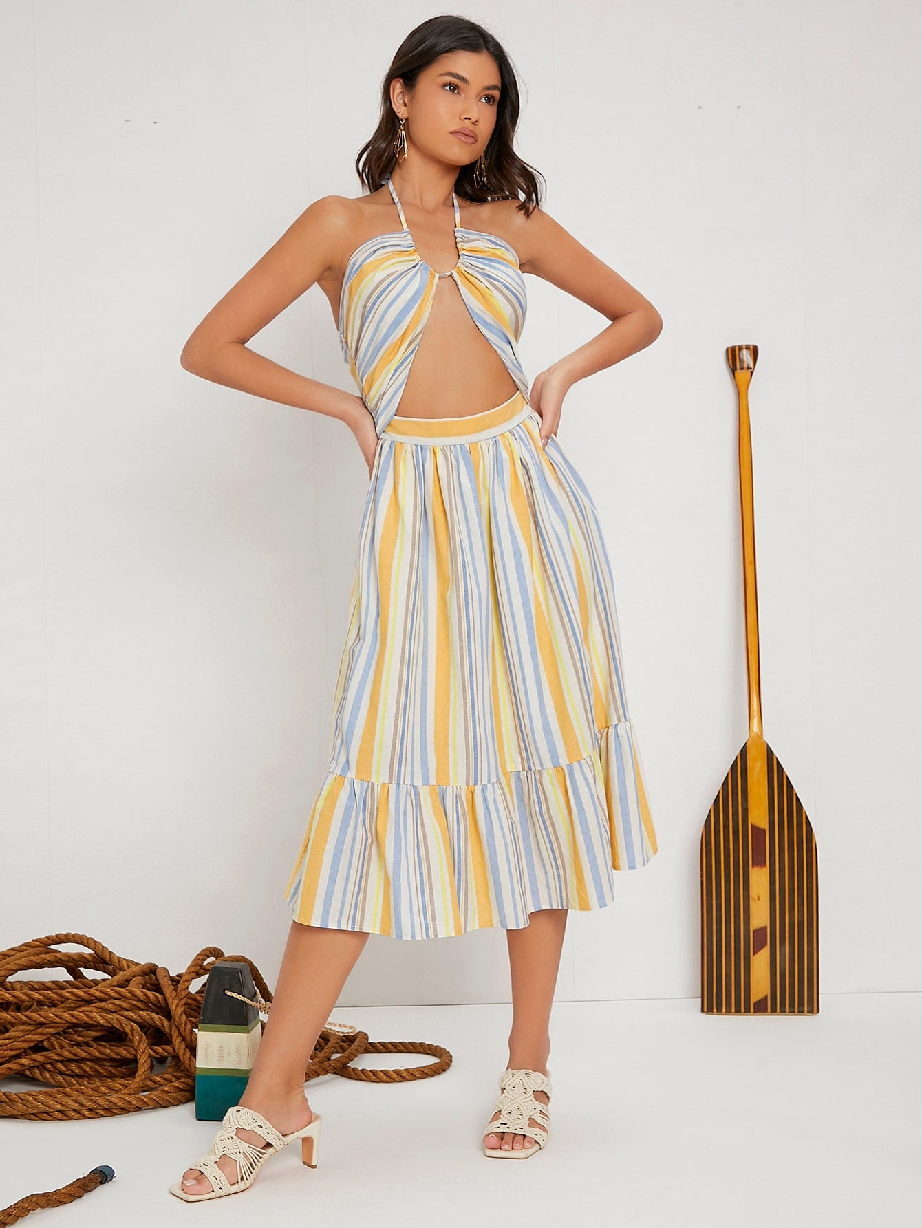 Colorful Striped Cut Out Halter Neck Backless Ruffle Hem Dress