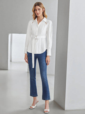 VISCOSE PUFF SLEEVE BELTED SHIRT