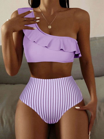 Summer Beach Striped Bikini Set Ruffle Trim One Shoulder Wireless Bra Top & High Waist Bikini Bottom 2 Piece Swimsuit