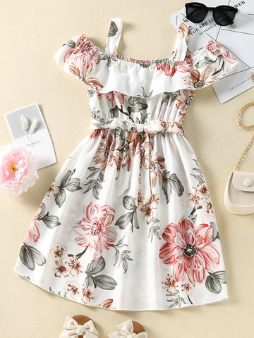 Tween Girl Summer Casual Floral Printed Sleeveless Shoulder-Strap Dress