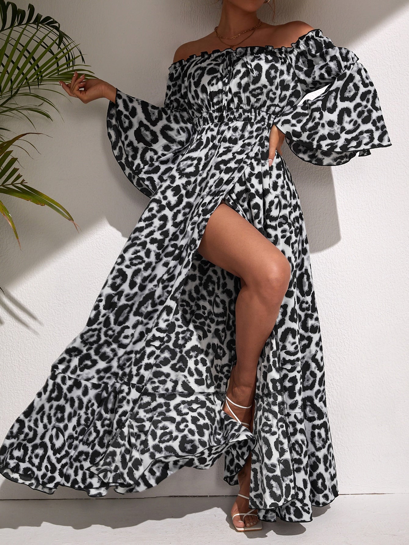 Leopard Flounce Sleeve Split Thigh Bardot Dress