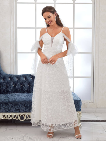Sequins Mesh Knot Side Cold Shoulder Lace Wedding Dress