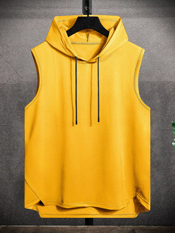 Men Drawstring Hooded High Low Hem Tank Top