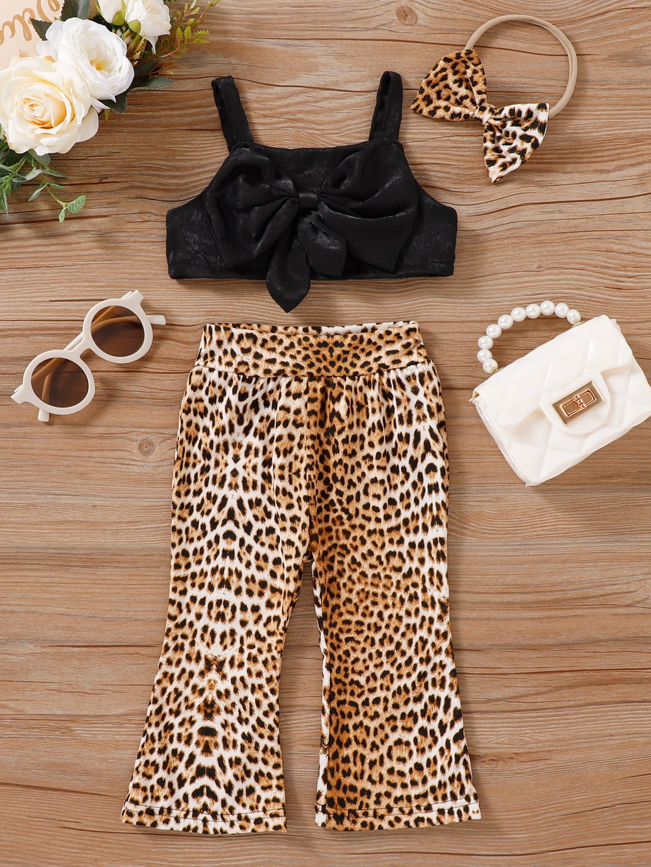 Baby Bow Front Cami Top & Leopard Flare Leg Pants With Headband