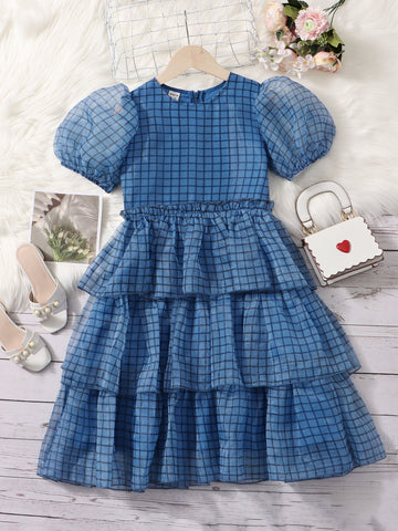 Girls Plaid Puff Sleeve Layered Hem Organza Dress