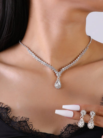 Rhinestone Water Drop Decor Drop Earrings & Necklace For Women For Party Banquet Wedding