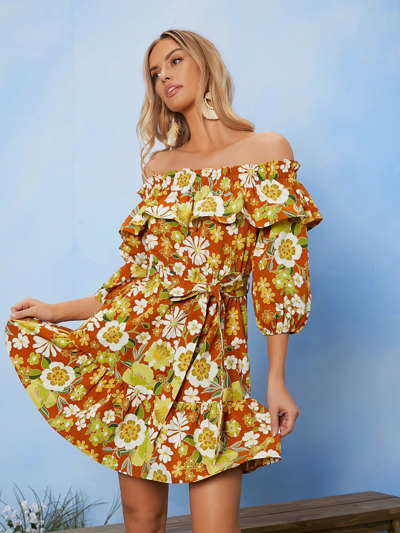 Floral Print Flounce Off Shoulder Belted Dress