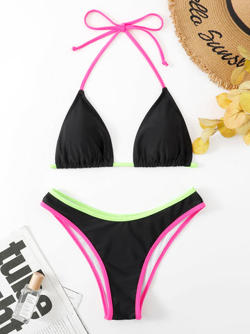 Summer Beach Contrast Binding Tie Back Halter Bikini