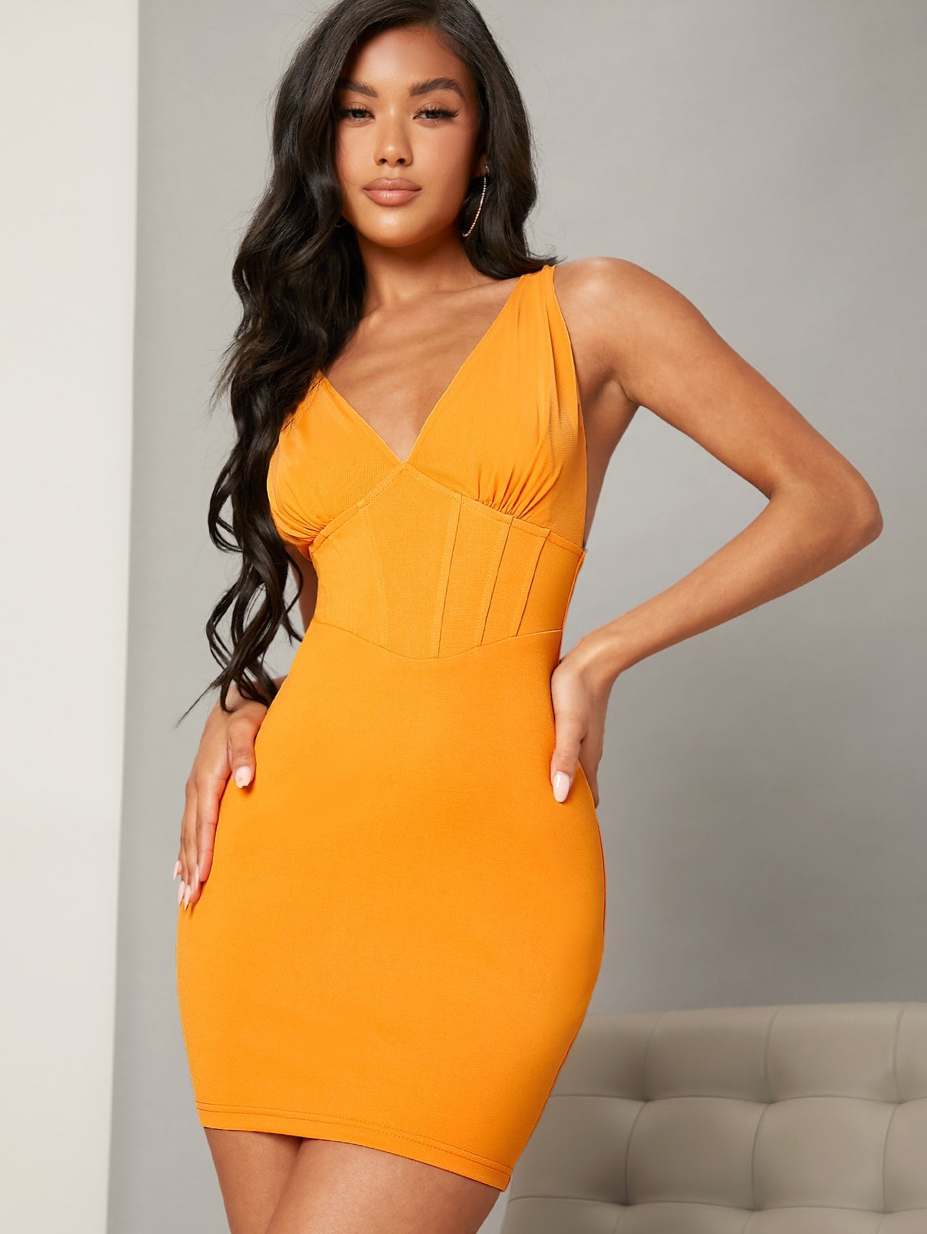 Ruched Bust Seam Front Bodycon Dress