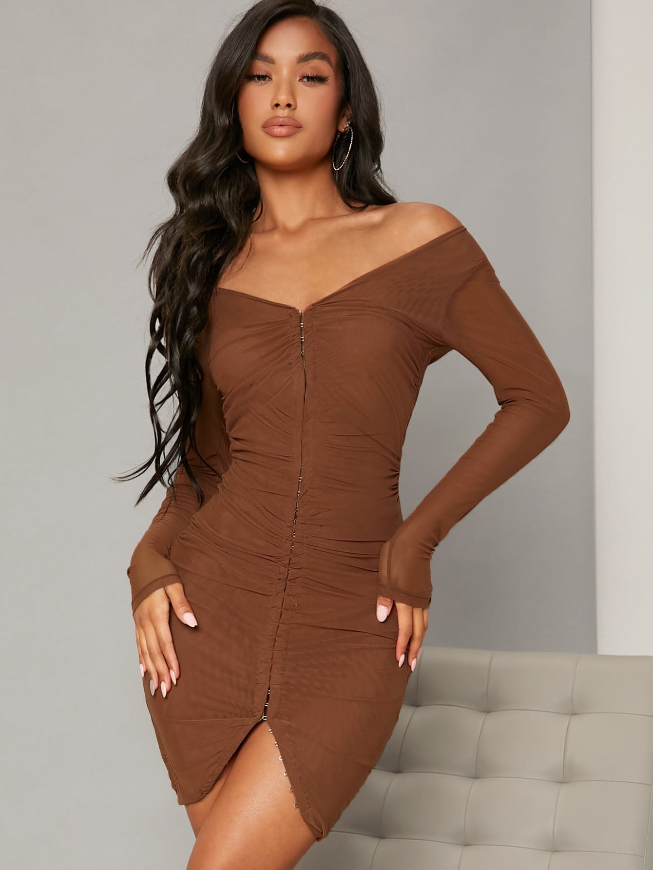 Off Shoulder Hook And  Eye Ruched Mesh Bodycon Dress