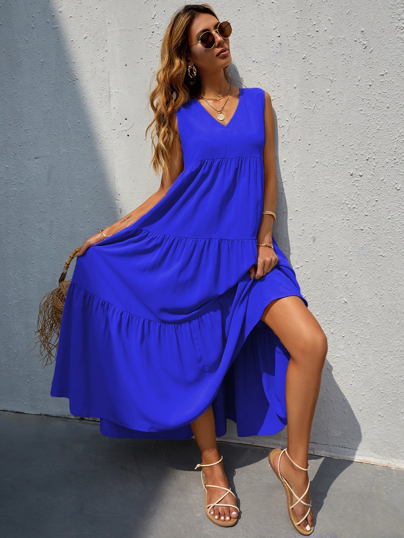 V-neck Ruffle Hem Solid Dress