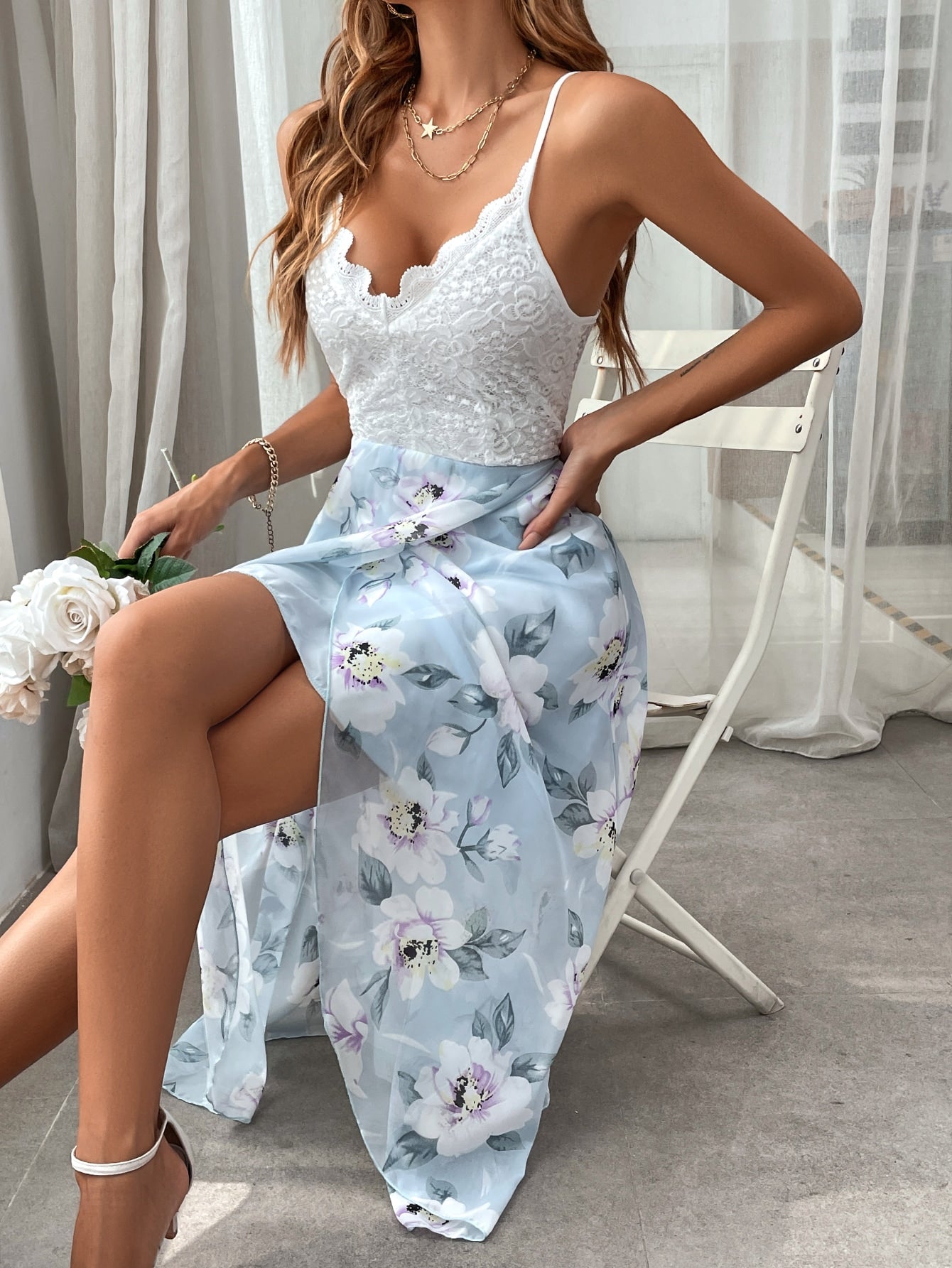 Contrast Lace Floral Print Tulip Hem Cami Dress