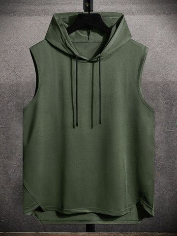 Men Drawstring Hooded High Low Hem Tank Top