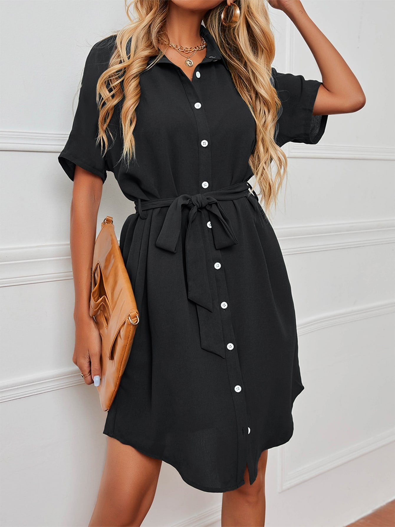 Dolman Sleeve Belted Shirt Dress