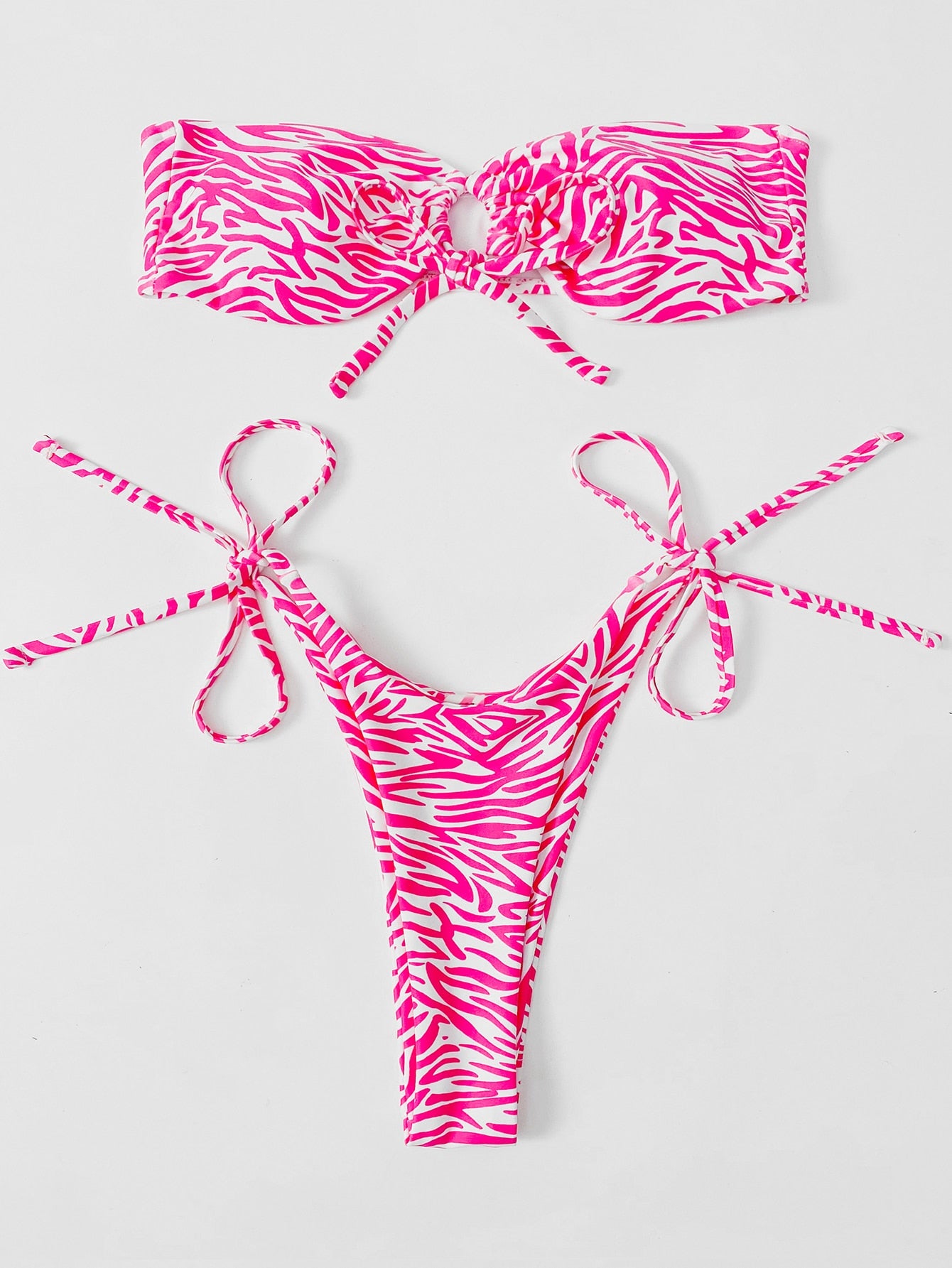 Summer Beach Zebra Stripe Bikini Set Cut-Out Bandeau Bra & Thong Bottom 2 Piece Bathing Suit