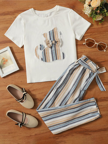 Tween Girl Cat Pattern Bow T-Shirt & Striped Belted Pants