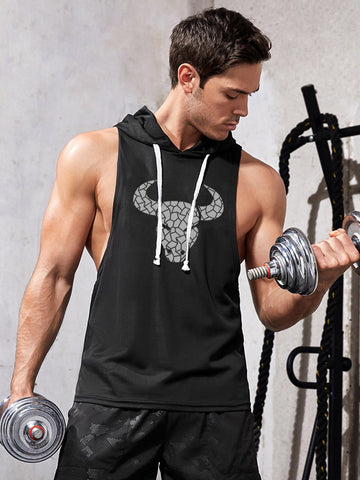 Men Geo Cattle Print Drawstring Hooded Sports Tank Top