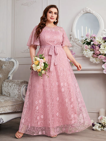 Plus Allover Floral Embroidery Butterfly Sleeve Overlay Lace Belted Bridesmaid Dress