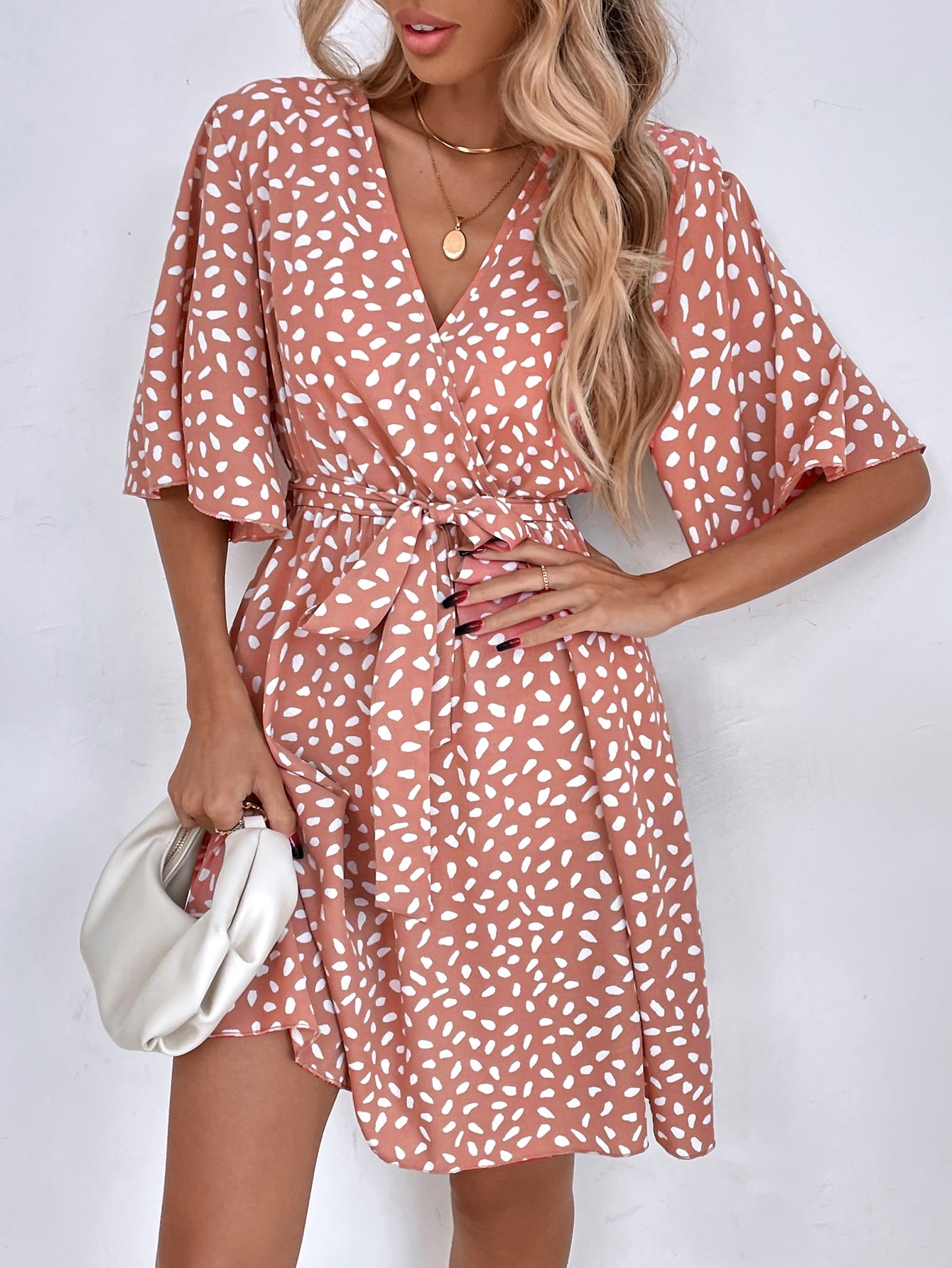 Allover Print Butterfly Sleeve Belted Dress