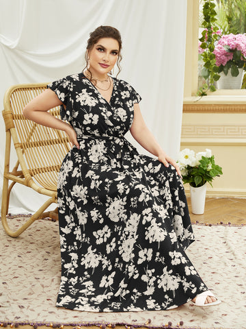 Plus Floral Print Butterfly Sleeve Belted Maxi Dress