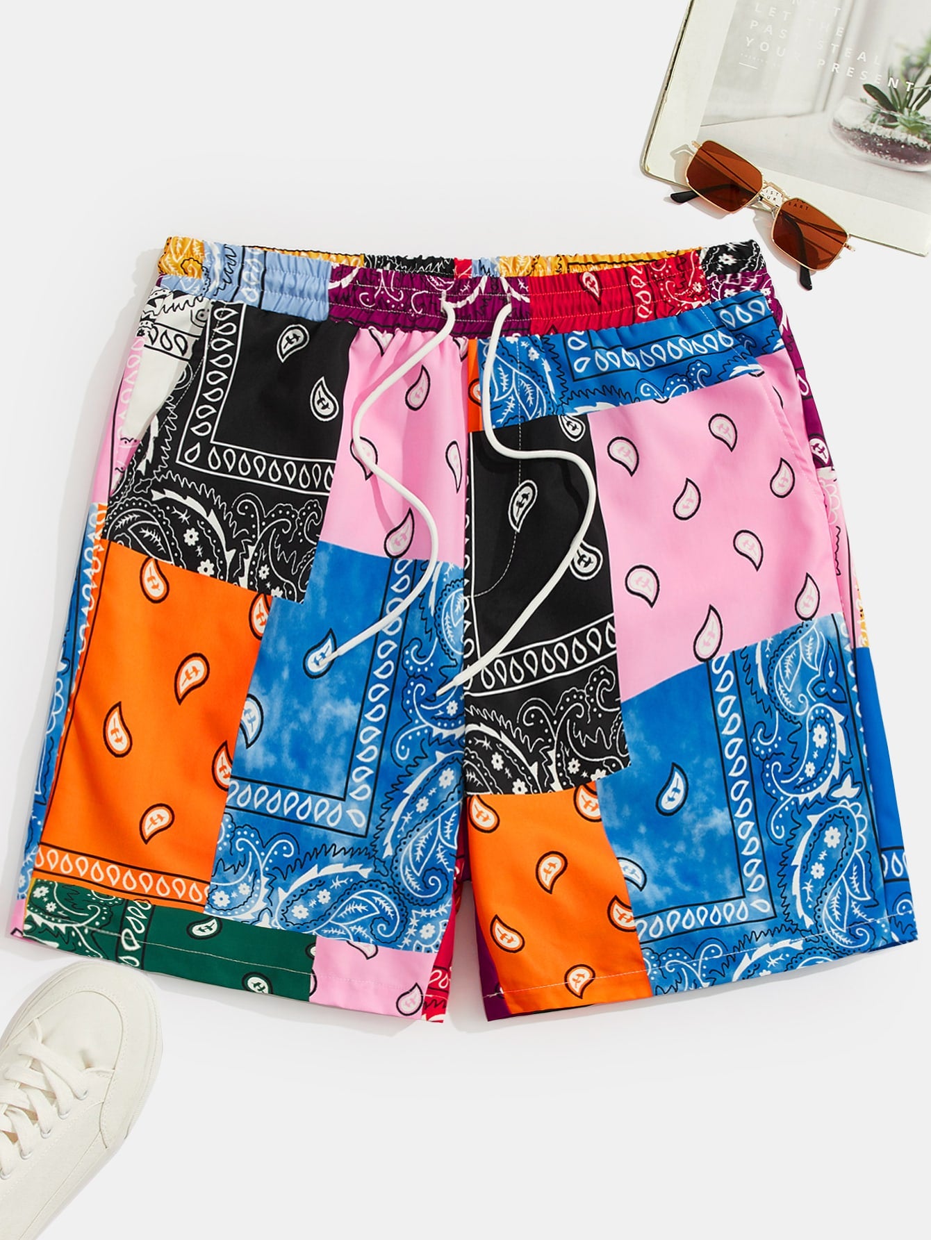 Men Paisley Patchwork Print Drawstring Waist Shorts Baggy Board Cool Graphic Colorful Vacation Beach