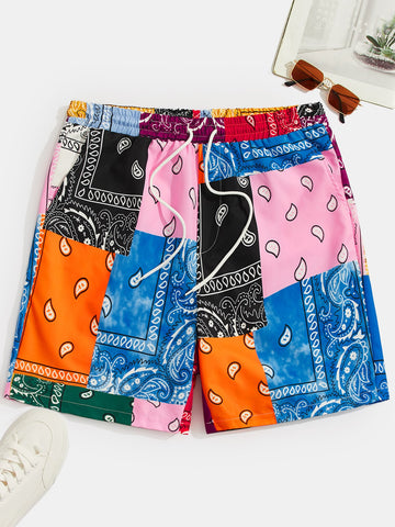 Men Paisley Patchwork Print Drawstring Waist Shorts Baggy Board Cool Graphic Colorful Vacation Beach