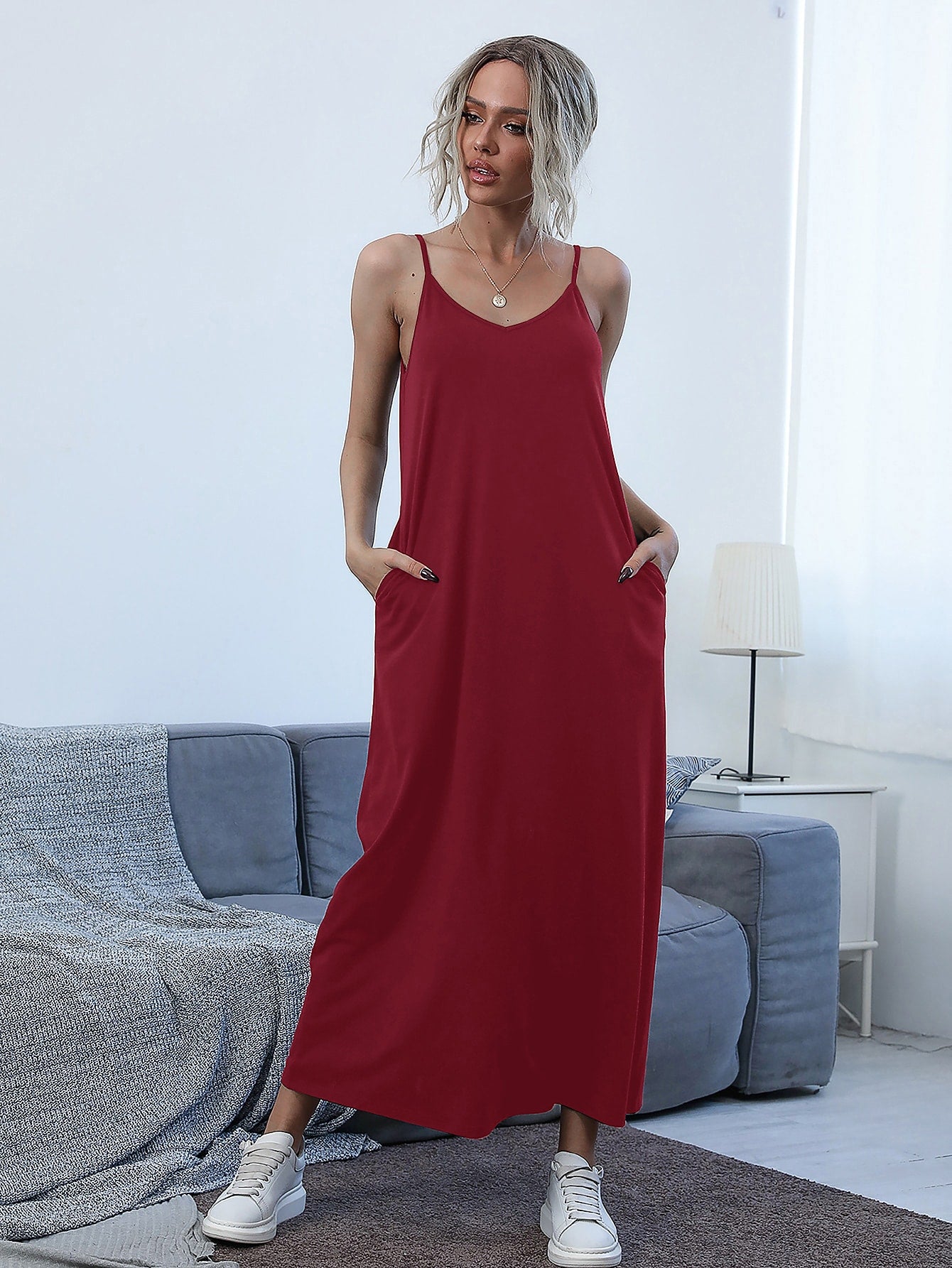 Slant Pocket Solid Cami Dress