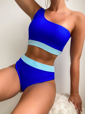 Summer Beach Neon Blue Bikini Set Contrast Trim One Shoulder Wireless Bra & High Waist Bikini Bottom 2 Piece Swimsuit