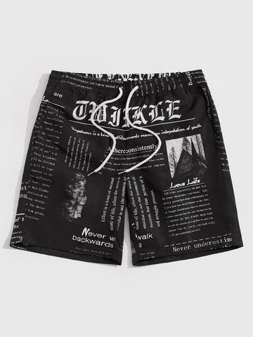 Men Drawstring Waist Slogan Graphic Shorts Pattern I My Boyfriend