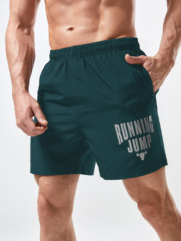 Men Bull & Letter Print Slant Pocket Sports Shorts