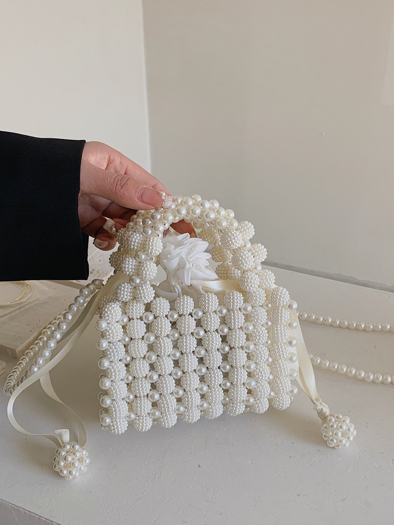 Glamorous, Elegant, Exquisite, Quiet Luxury Sequin, Stylish, Luxury, Shiny Mini Faux Pearl Beaded Drawstring Square Bag, Perfect Bride Purse For Wedding, Prom & Party Events Evening Bag, Dinner Bag For Party Girl, Woman