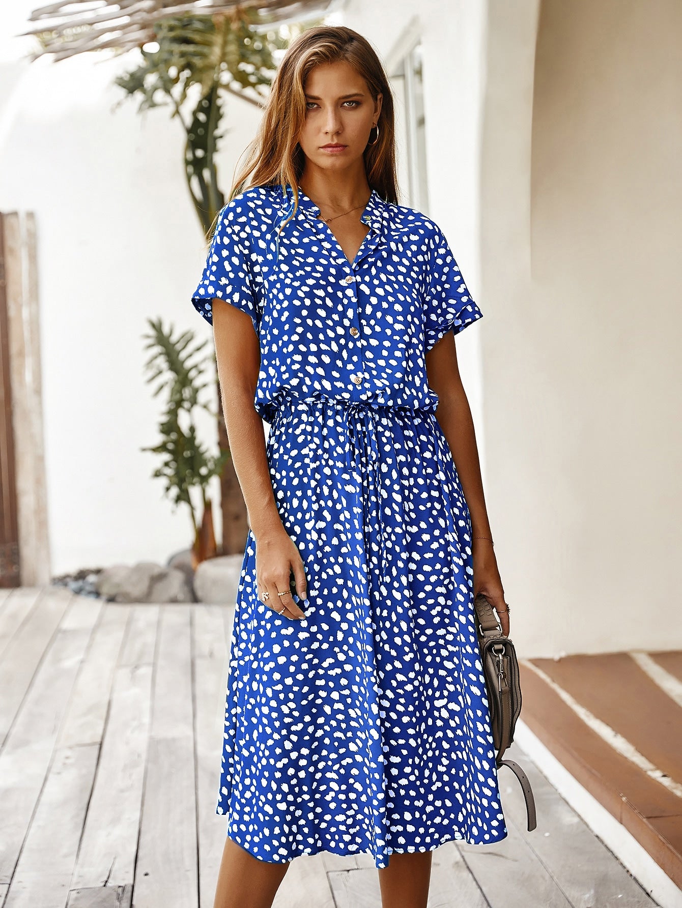 Dalmatian Print Drawstring Waist Button Front Dress